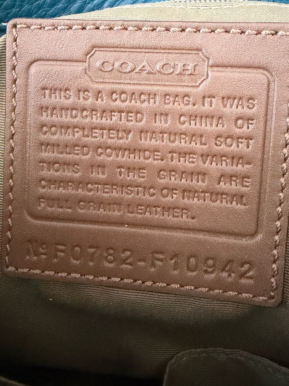 Coach Teal Pebbled Leather Shoulder Bag with Tan Strap - Picture 5 of 6
